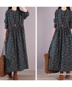 マキシ | 花柄ワンピース30代レディース秋物 リネンワンピース 綿麻風 シャツワンピース ロングワンピース ミモレ丈 長袖ワンピース リボン付き 秋ワンピース 大人