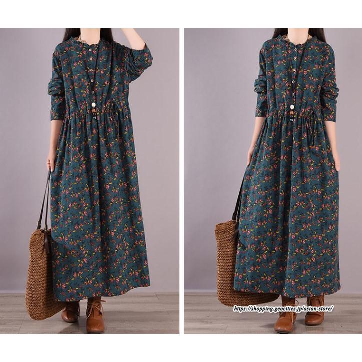 マキシ | 花柄ワンピース30代レディース秋物 リネンワンピース 綿麻風 シャツワンピース ロングワンピース ミモレ丈 長袖ワンピース リボン付き 秋ワンピース 大人