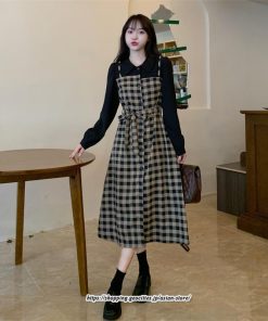 マキシ | ワンピース レディース 大きいサイズ チェック柄 リボン フレア 切り替え 重ね着風 レイヤード風 秋コーデ 秋 可愛い 若見え 冬 オシャレ 着痩せ