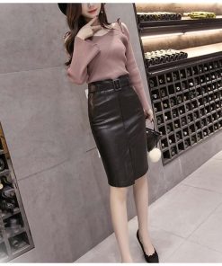 ひざ丈スカート | ハイウエスト レザースカート ひざ丈 タイトスカート ベルト スリット 秋冬