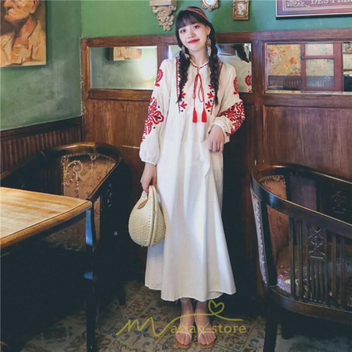 マキシ | 花柄ワンピース 丸首 リゾート ワンピース レディース 長袖 夏秋 ロング丈 マキシ丈 大人 上品 刺繍 綿麻 二次会 女子会 旅行 お出かけ コットン バカンス