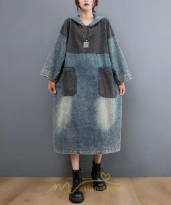 デニムワンピース | ワンピース デニム レディース 40代 ロング チュニック 長袖 ゆったり 体型カバー フード付き ポケット 切り替え 大きいサイズ