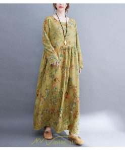 マキシ | ワンピース 大きいサイズ レディース  楽ちん 美人 コットン 夏 秋 新作 ぽっちゃり ゆったり 長袖 お腹 太もも 華奢 花柄 丸首 ポケット 黄色 美脚 着痩せ 通勤