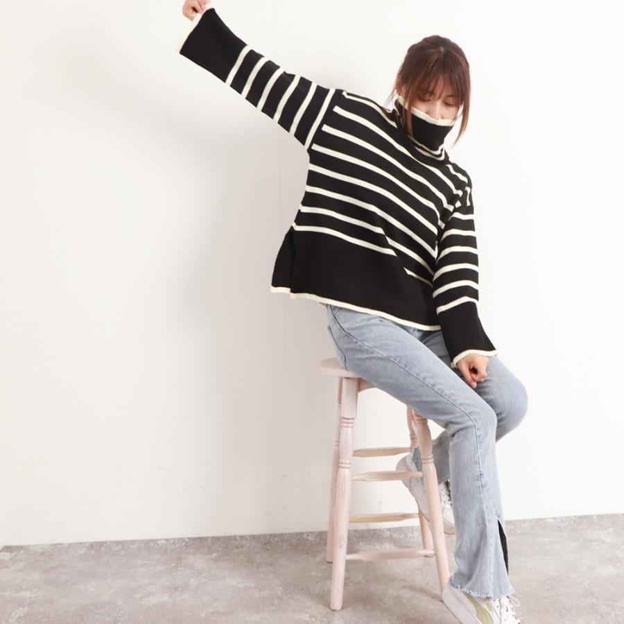 ニット・セーター | タートルネックボーダーニットトップス冬服