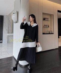 マキシ | 切り替えワンピース 秋 レディース 裾プリーツワンピース ロングワンピース ゆったり 大きいサイズ 秋物 長袖 30代50代 大人 プリーツ 可愛い Vネック