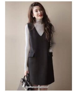 ミディアム | ワンピース ロング ロングワンピース スリム 細身 Vネック スリーブレス 無地 ロング丈 秋冬 レイヤード ノースリーブ