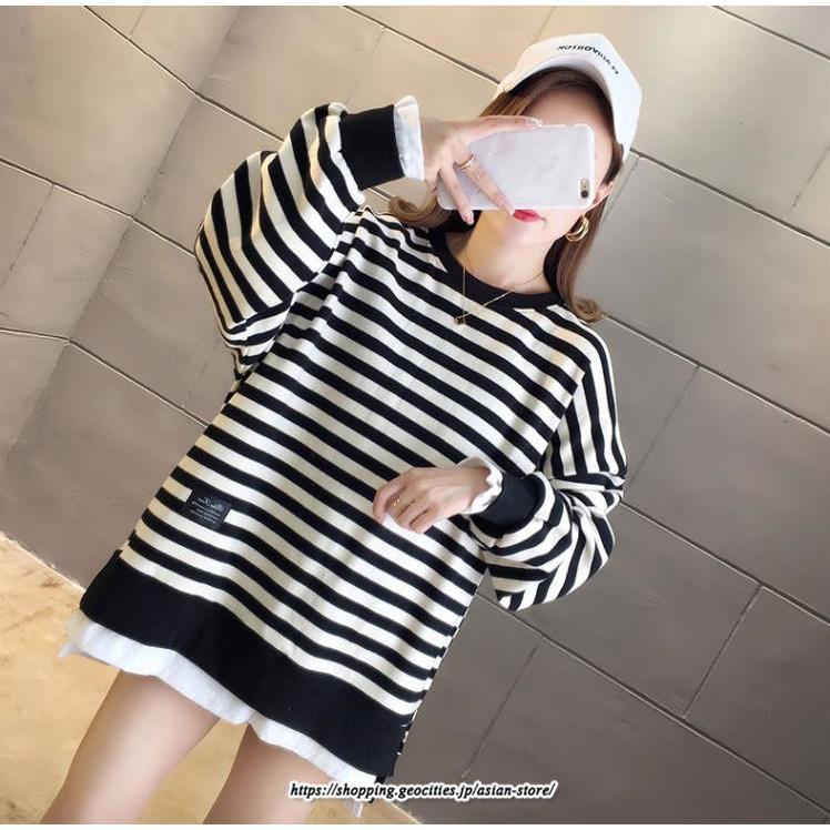 パーカー | 重ね着風トレーナー レディース 長袖 トップス カジュアル スウェット ボーダー柄 ゆったり トレーナー トップス 切り替え 可愛い きれいめ レイヤード風
