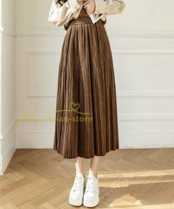 スカート | プリーツロングミモレ丈 ビロードAラインウエストゴム ハイウエスト 秋冬 無地 ゆったり 通学通勤 大人