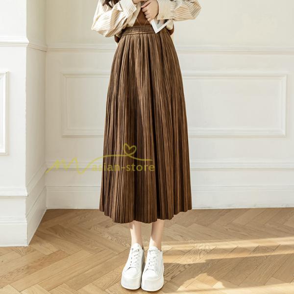 スカート | プリーツロングミモレ丈 ビロードAラインウエストゴム ハイウエスト 秋冬 無地 ゆったり 通学通勤 大人