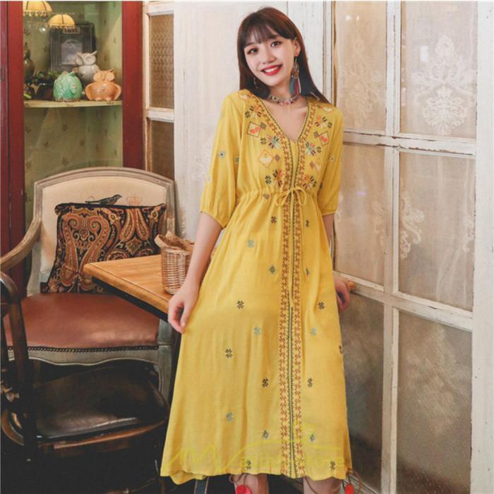 マキシ | ワンピース 膝下 カジュアル 上品 きれいめ 通勤 レディース 七分袖 体型カバー インスタ映え 撮影 個性的 クラシック 大人可愛い 高級感 普段使い 海外旅行