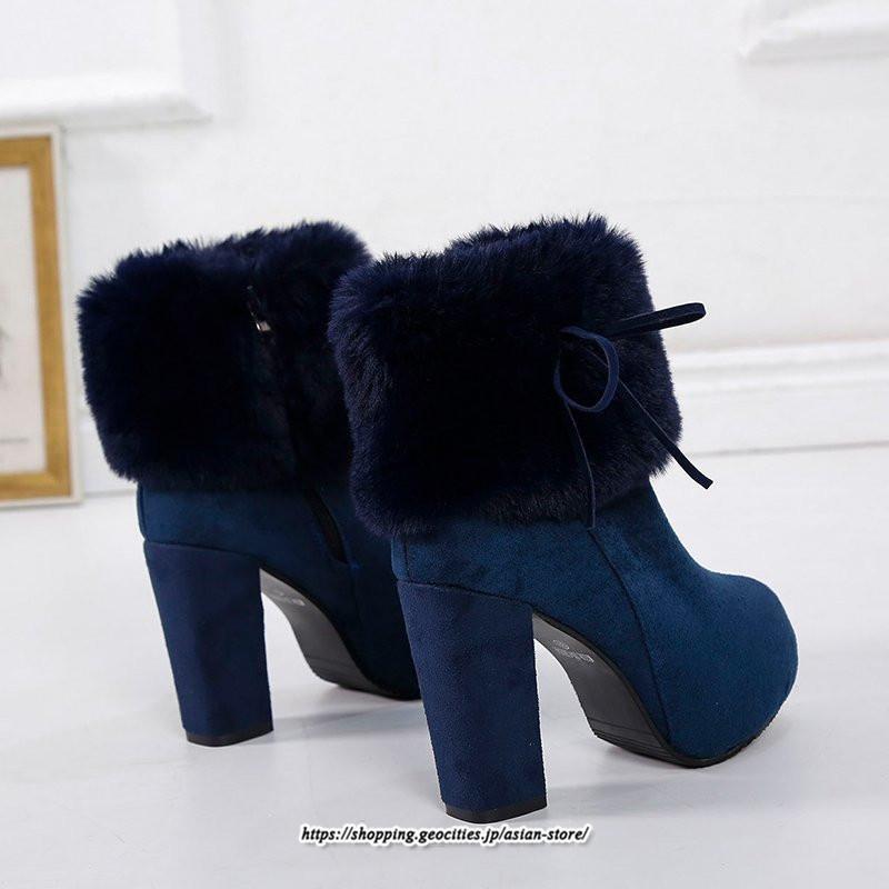 ブーツ | ショートレディース ハイヒール 10cmヒール 厚底 冬用 保温防寒 スエード調 ファー 靴 冬靴 太めヒール シューズ サイドジッパー 痛くない