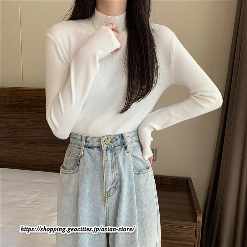 ニット・セーター | カットソー ニット レディース リブニット 長袖 秋冬 春 トップス スリム ストレッチ インナー 無地 プルオーバー 通学通勤 長袖ニット 長袖カットソー 着痩せ