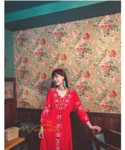 マキシ | ワンピース レディース 40代 春秋 キレイめ マキシ丈ワンピース 綿麻 リネンワンピ Vネック 刺繍 リボン付き アウター カジュアル 着痩せ ルームウェア デート