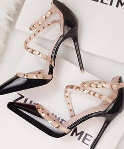 サンダル | レディース エレガント ハイヒール リベット ポインテッドトゥ ピンヒール アンクルストラップ シューズ 痛くない パンプス