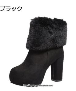 ブーツ | ショートレディース ハイヒール 10cmヒール 厚底 冬用 保温防寒 スエード調 ファー 靴 冬靴 太めヒール シューズ サイドジッパー 痛くない
