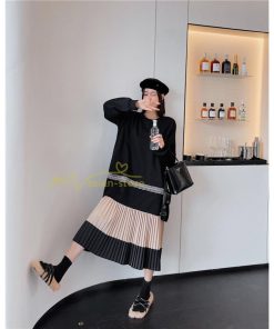 マキシ | スウェットワンピース ロングワンピース スウェット プリーツ裾 切り替え ゆったり 体型カバー 大きいサイズ 50代 かわいい 秋冬 大人 20代30代