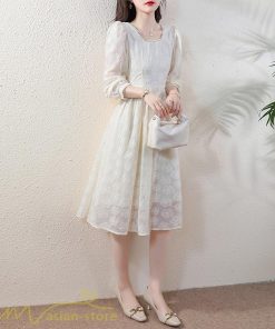 ミディアム | Aラインワンピース 秋コーデ レディース 長袖 膝丈ワンピース 腰リボン付き 刺繍 パフスリーブ 美ライン シルエット 大人 無地 オフィス お呼ばれ フォーマル