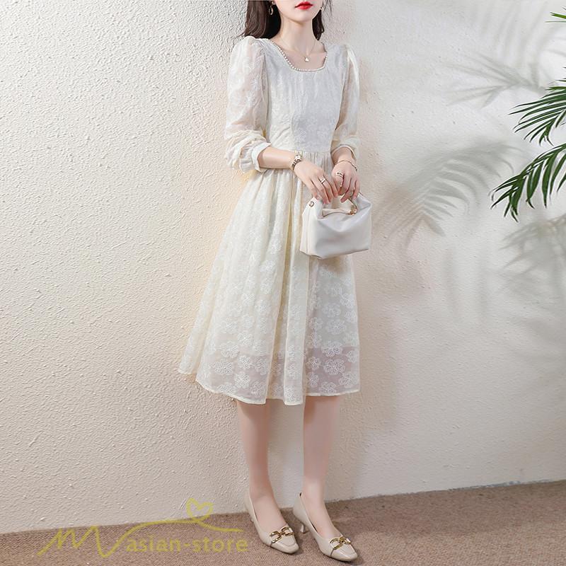 ミディアム | Aラインワンピース 秋コーデ レディース 長袖 膝丈ワンピース 腰リボン付き 刺繍 パフスリーブ 美ライン シルエット 大人 無地 オフィス お呼ばれ フォーマル