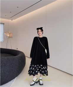 マキシ | ドッキングワンピース 秋 レディース 長袖ワンピース ロングワンピース 切り替えワンピース フェイク Aラインワンピース お呼ばれワンピース レイヤード風