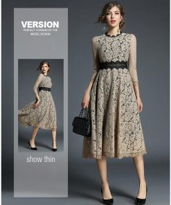 レースワンピース | ミモレフレアパーティードレス 結婚式二次会上品発表会入園式 袖あり七分袖 総レース 裏地あり エレガント シルエット フォーマル