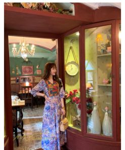 マキシ | ロングワンピース 五分袖 夏ワンピース 秋新作 Aラインワンピース マキシワンピース 刺繍 花柄 プリント 切り替え 旅行 30代40代 ワンピース ダンス 舞台 可愛い