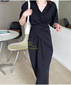 マキシ | ロングワンピース 夏ワンピース 薄手 黒ワンピース スリム 30代40代 大人 無地 シャツワンピース 七分袖 オフィス 涼感 セクシー Vネック フェミニン