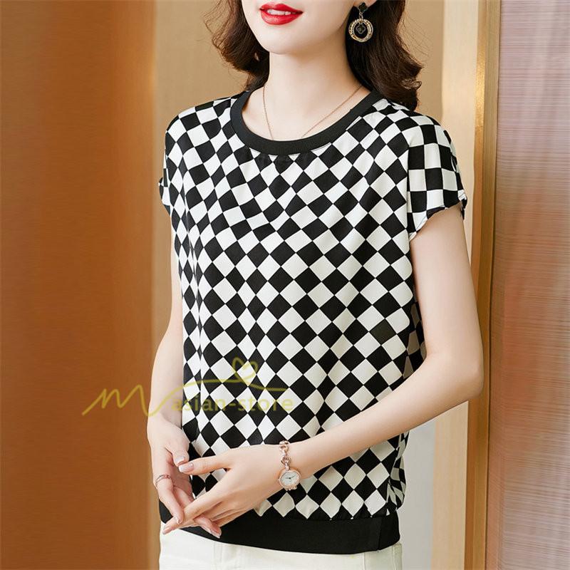tシャツ・カットソー | Tシャツ トップス レディース 白トップス 40代 春夏 上品 半袖Tシャツ ブラウス カジュアル 韓国風 通勤 50代 ゆったりTシャツ カットソー 30代 チェック柄 OL