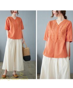 tシャツ・カットソー | Tシャツ ブラウス レディース Vネック カジュアル エレガント 半袖 30代 40代 カットソー 夏新作 おしゃれ 大きいサイズ 体型カバー コットン 麻混 ゆったり