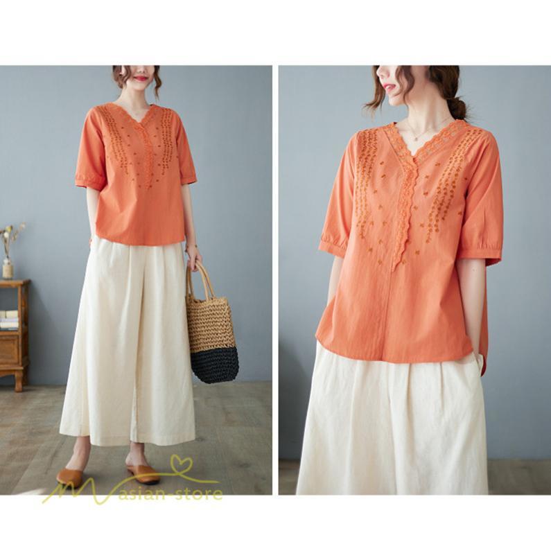 tシャツ・カットソー | Tシャツ ブラウス レディース Vネック カジュアル エレガント 半袖 30代 40代 カットソー 夏新作 おしゃれ 大きいサイズ 体型カバー コットン 麻混 ゆったり