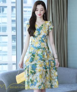 ミディアム | ワンピース レディース Vネック 半袖 花柄 おしゃれ Aライン ミディアムワンピース 着やせ エレガント 大きいサイズ 上品 膝丈 20代 30代 大人 40代