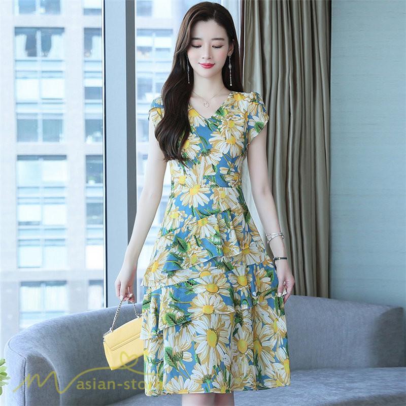 ミディアム | ワンピース レディース Vネック 半袖 花柄 おしゃれ Aライン ミディアムワンピース 着やせ エレガント 大きいサイズ 上品 膝丈 20代 30代 大人 40代