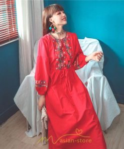 マキシ | ワンピース 長袖 ハイウエスト 綿麻 コットン リネン ロング ロング丈 Aライン ワンピ レディース 着痩せ 体型カバー 丸首 白 黄色 赤 通勤 Vネック 刺繍