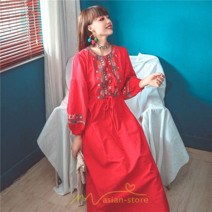 マキシ | ワンピース 長袖 ハイウエスト 綿麻 コットン リネン ロング ロング丈 Aライン ワンピ レディース 着痩せ 体型カバー 丸首 白 黄色 赤 通勤 Vネック 刺繍