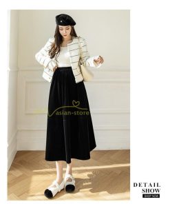 スカート | ロングミモレ丈 Aラインフレアビロードウエストゴム ハイウエスト 秋冬 無地 ゆったり 大人 通学通勤 エレガント