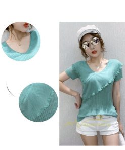 ｔシャツ・カットソー | サマーニット レディース 半袖 Vネック カラー きれいめ トップス Tシャツ ニットソー 薄手 新品 夏新作 2021 激売れ お出かけ ファッション 激売れ エレガント