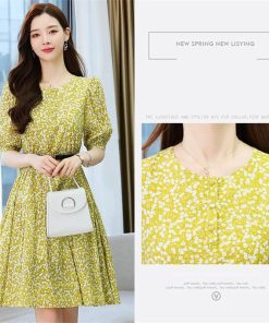 ミディアム | Aラインワンピース 膝丈 花柄 ワンピース ミディアムワンピース 5分袖 韓国風 エレガント カジュアルワンピース サマーワンピース 通勤通学 上品 おしゃれ 上品