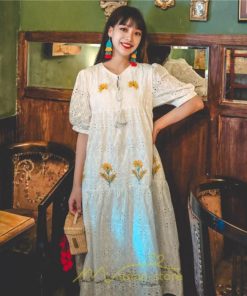 マキシ | ロングワンピース 夏秋 レディース 五分袖 普段着 同窓会 細見せ ハイウエスト コットン レース Aライン 白 紫 刺繍 Vネック キャンプ 旅行 上品 鎖骨 華奢魅せ