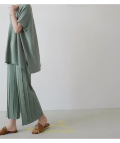 送料無料SALE | セットアップ ニット トップス パンツ ストレッチ 涼感 夏ニット 半袖 九分丈 ウエストゴム レディース 2点セット ゆったり Vネック 無地 30代40代 上品