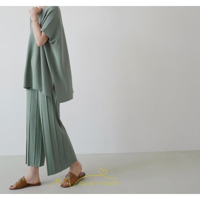 送料無料SALE | セットアップ ニット トップス パンツ ストレッチ 涼感 夏ニット 半袖 九分丈 ウエストゴム レディース 2点セット ゆったり Vネック 無地 30代40代 上品