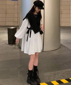 シャツワンピース | 長袖ワンピース おしゃれ チュニックワンピ 白 ベストレイヤード風 レディース アシンメトリー きれいめ