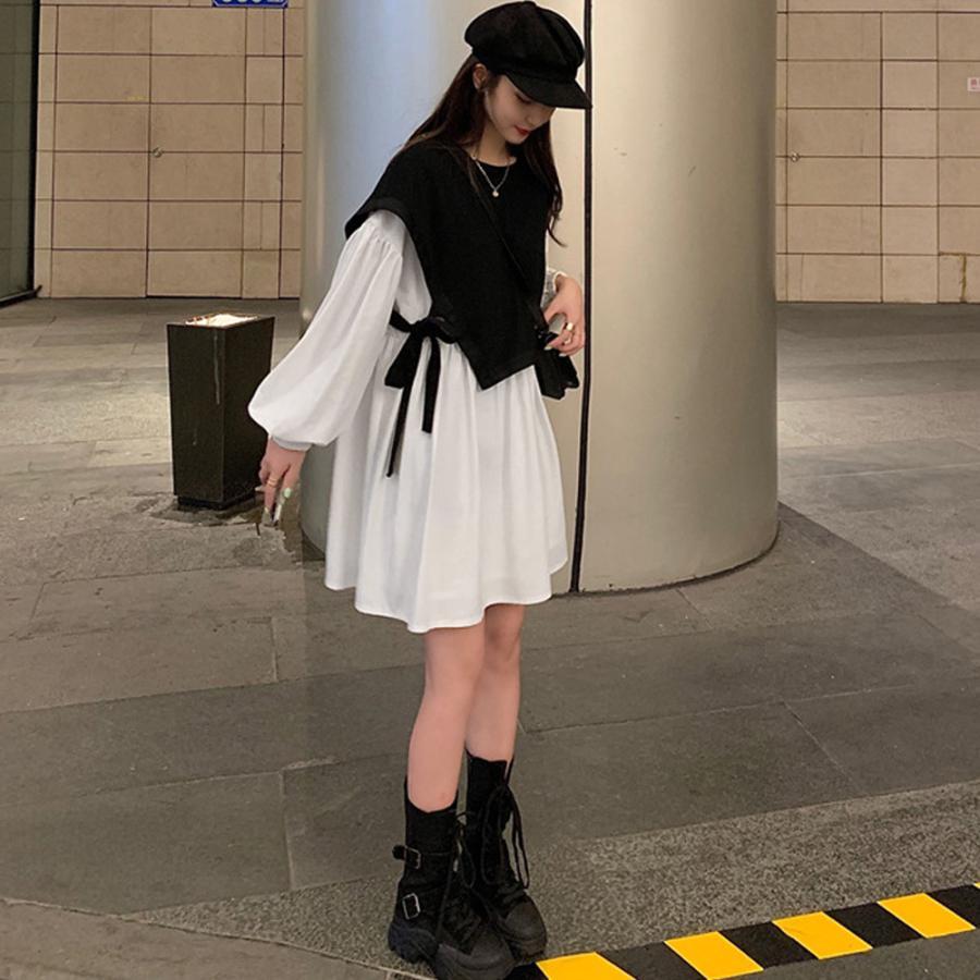 シャツワンピース | 長袖ワンピース おしゃれ チュニックワンピ 白 ベストレイヤード風 レディース アシンメトリー きれいめ