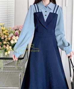 マキシ | ロングワンピース 秋物 レディース ミモレ丈 Aラインワンピース 切り替え フェイク レイヤード風 重ね着風 シャツカラー お呼ばれワンピース 30代40代 着やせ