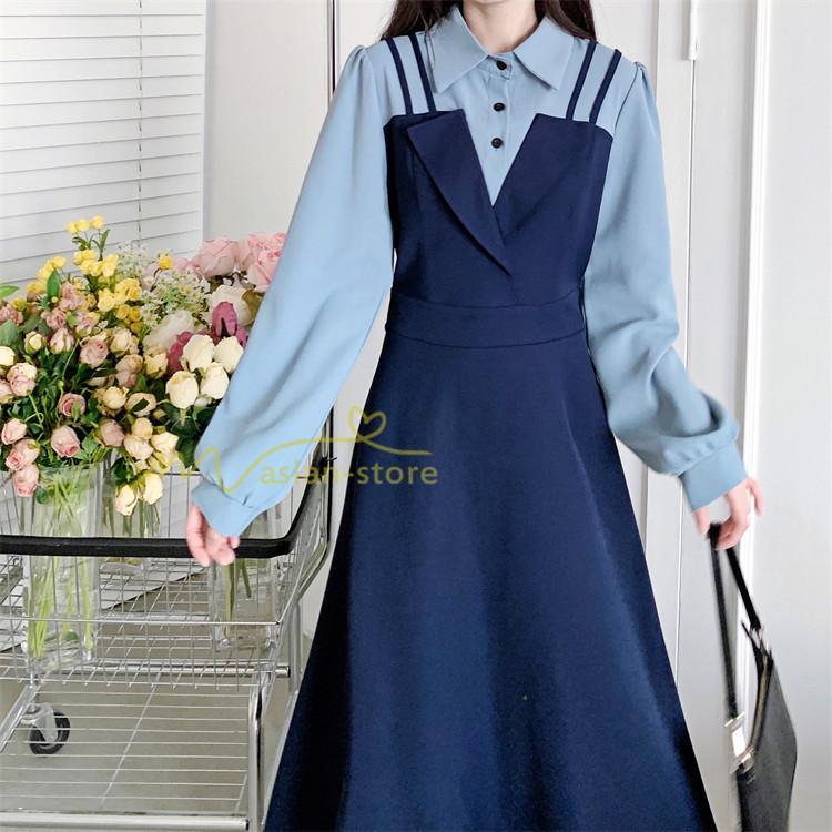 マキシ | ロングワンピース 秋物 レディース ミモレ丈 Aラインワンピース 切り替え フェイク レイヤード風 重ね着風 シャツカラー お呼ばれワンピース 30代40代 着やせ