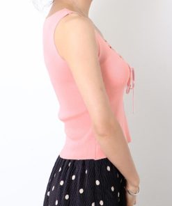 Tシャツ・カットソー | ニットキャミソール レースアップ 春夏 ノースリーブ レディース ニットビスチェ タンクトップ トップス