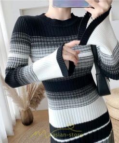 ニットワンピース | ワンピース レディース ニット ワンピース ニット チュニック ロング 長袖 着痩せ 秋冬 送料無料 ボーダー柄 2022新作 韓国風 秋冬コーデ 大人可愛い