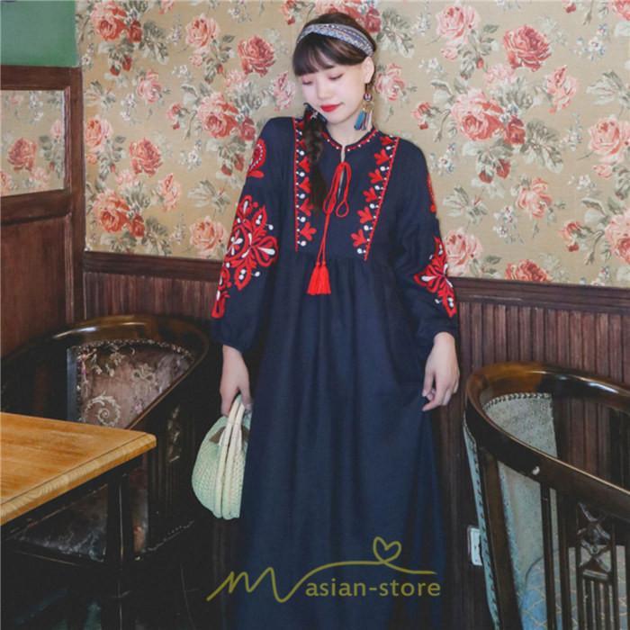 マキシ | 花柄ワンピース 丸首 リゾート ワンピース レディース 長袖 夏秋 ロング丈 マキシ丈 大人 上品 刺繍 綿麻 二次会 女子会 旅行 お出かけ コットン バカンス