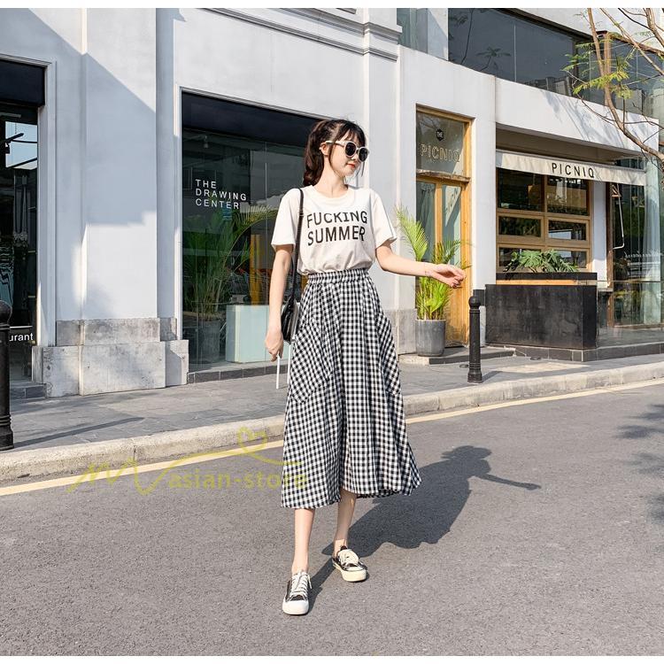 スカート | チェック柄 ロング丈 フレア ボトムス レディース 春 夏 秋 冬 体系カバー Aライン ウエストゴム おしゃれ 通勤 OL カジュアルブ無地 韓国風