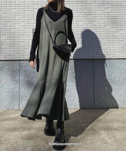 マキシ | ワンピース キャミワンピース レディース 秋 冬 Vネック  マーメイド マキシワンピ ロング デイリー おしゃれ 肩紐調節可 フリル 可愛い