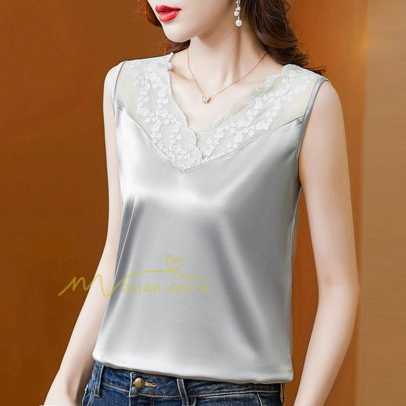 キャミソール タンクトップ | トップス タンクトップ レディース ノースリーブ Vネック Vネックタンク 20代30代40代50代 ママ 母 インナー カジュアル お出かけ カシュクール レース付き