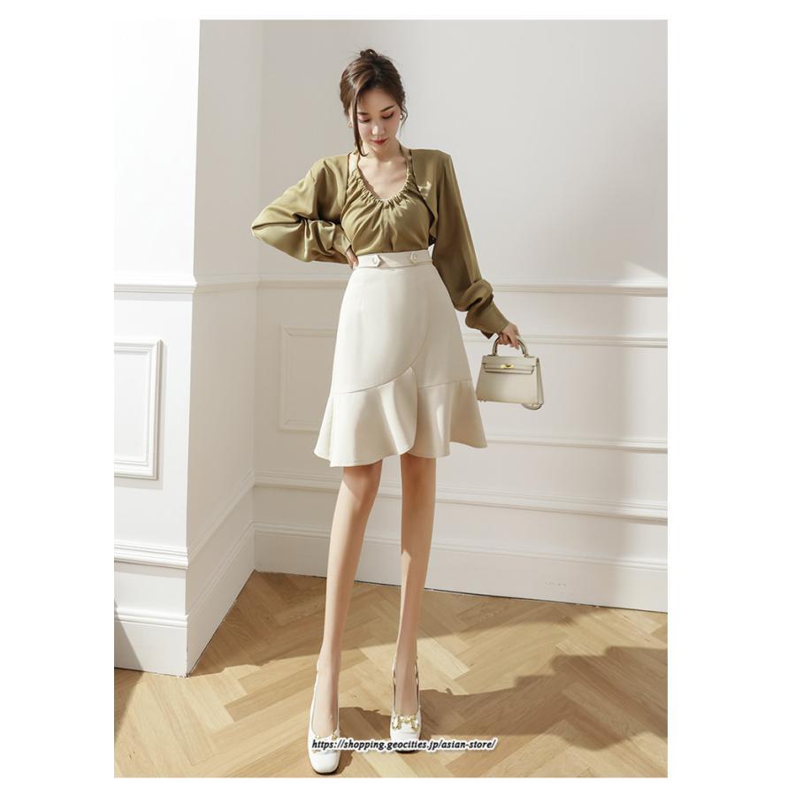 スカート | レディース ミニ膝上 マーメイド着痩せ フェミニン 優雅 上品 フリル 2022新作 韓国風 秋冬コーデ キレイめ 通勤 オシャレ 通学